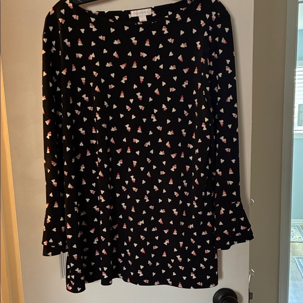 Charter Club Black Blouse with Pink and White Hearts